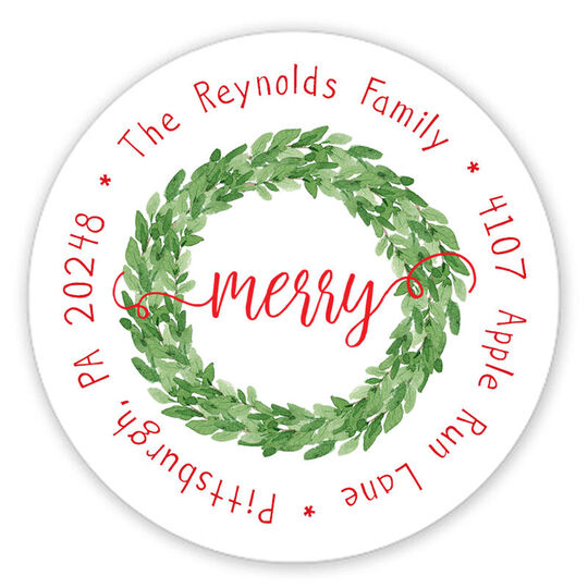 Merry Holiday Wreath Round Address Labels